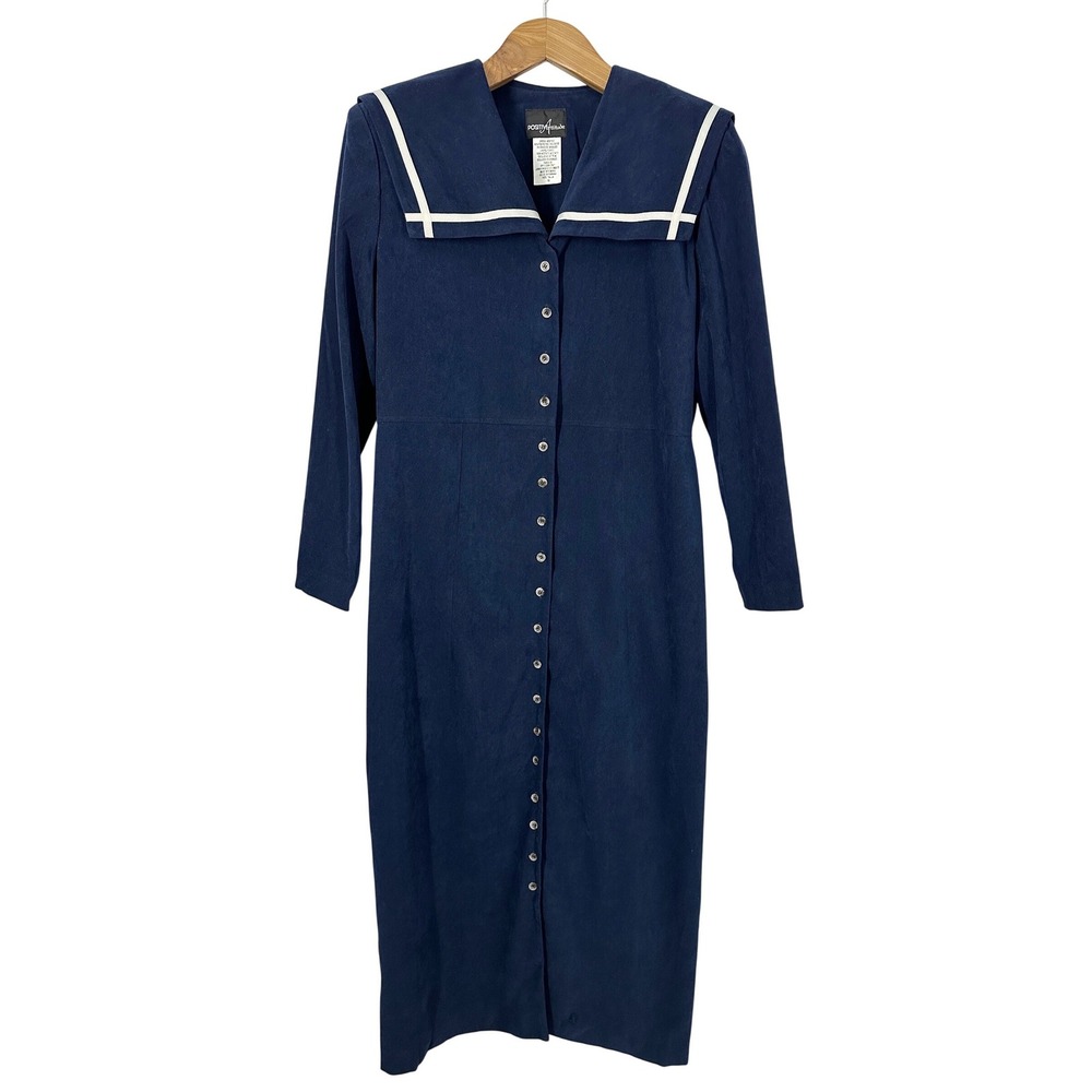 90s Vintage Positive Attitude Long Sleeve Navy Blue Sailor Collar Dress Size 16